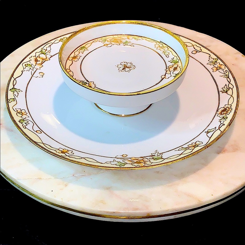 NIPPON 1 PIECE 2 TIER PLATE GOLD PORCELAIN JAPAN “M” NORITAKE FLORAL VINTAGE